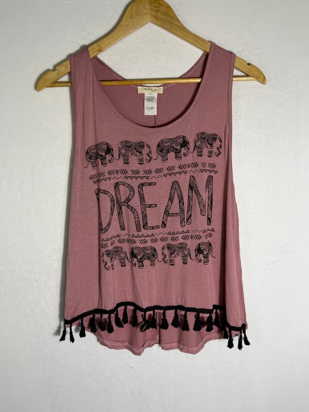 Touch Blue Boho Elephant Graphic Tank Top Mauve Pink Tassel Hem Size L